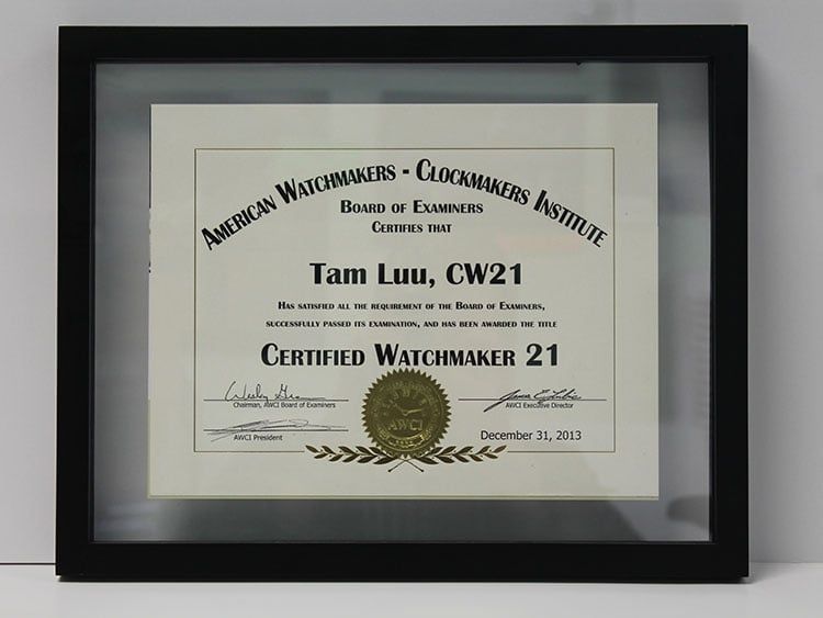 Framed American Watchmakers-Clockmakers Institute certificate: Tam Luu, CW21, Certified Watchmaker 21, dated December 31, 2013