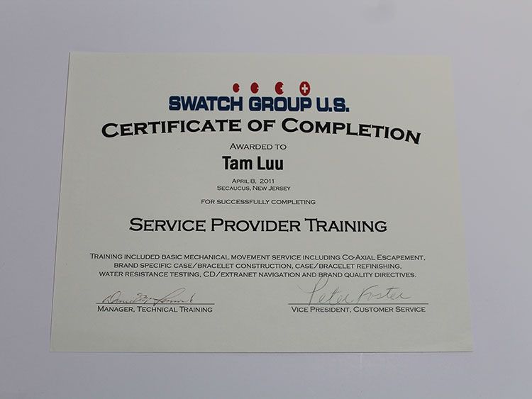 Swatch Group U.S. Certificate of Completion awarded to Tam Luu for Service Provider Training, April 8, 2011, Secaucus, New Jersey